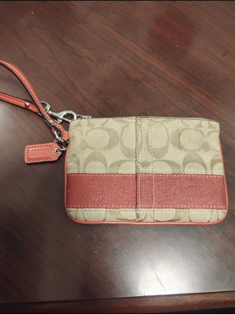 Coach Beige Signature Canvas Wristlet with Coral Stripe
